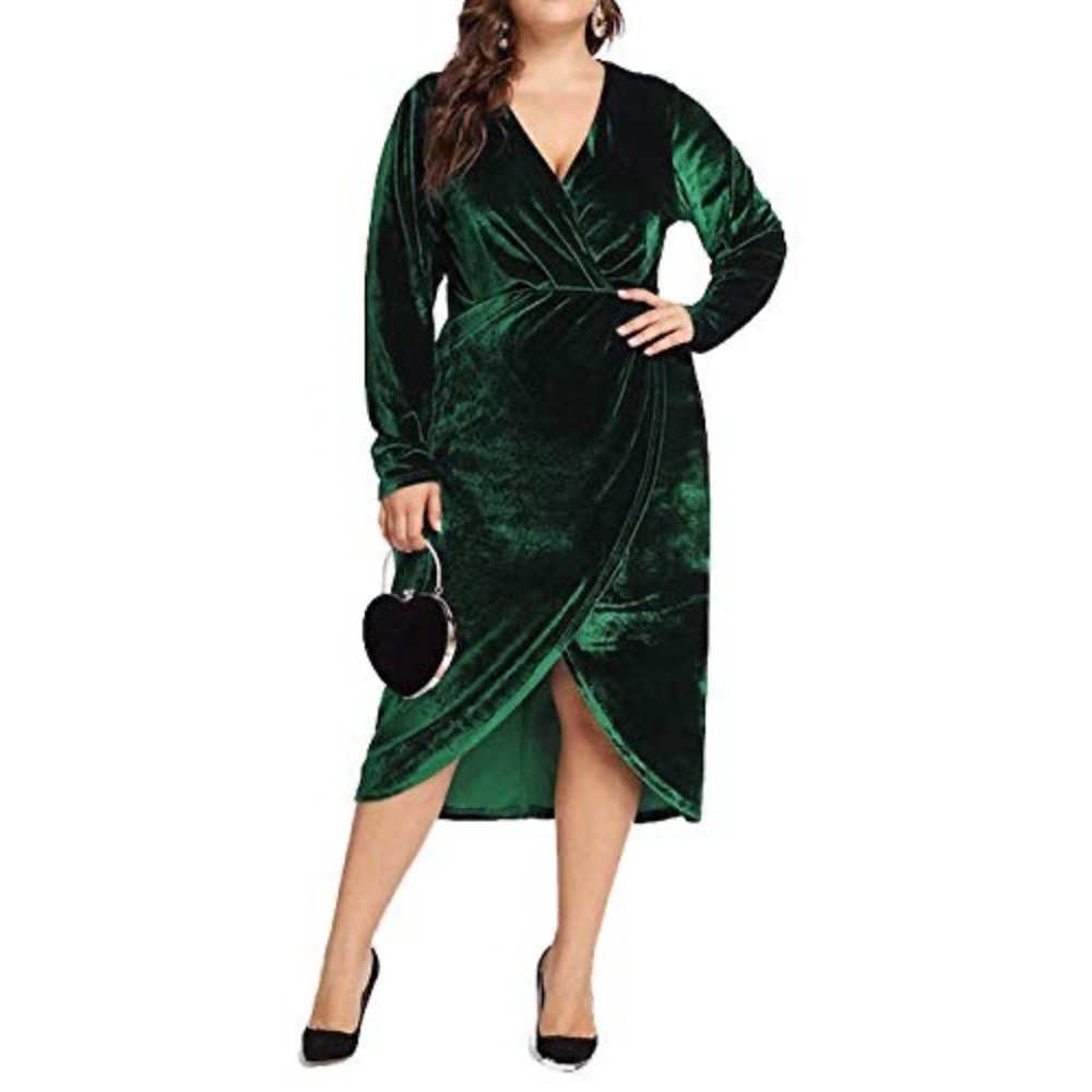 Espralia Emerald Green Velvet Wrap Dress Plus Size 22W Long‎ Sleeve V-Neck Midi